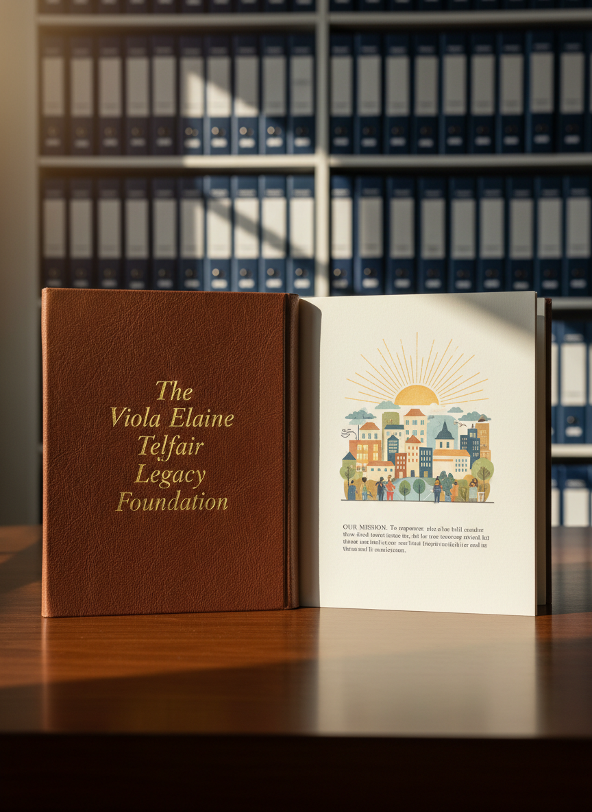 A dignified, leather-bound legacy book embossed with the title “The Viola Elaine Telfair Legacy Foundation” in elegant gold foil rests open on a dark walnut table. Cream-colored pages display a beautifully designed mission statement beside a softly colored illustration of a rising sun over a stylized community. In the background, out of focus, is a tidy bookshelf with neatly arranged binders and archival boxes in soft navy and ivory tones. Warm, diffused afternoon light enters from the left, creating gentle highlights on the gold lettering and subtle shadows along the page edges. Photographic realism, eye-level composition with a shallow depth of field, clean and professional mood, conveying reverence, stability, and a hopeful future.